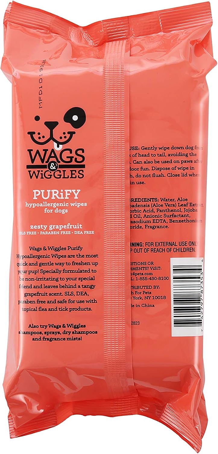 Wags and Wiggles grapefruit flavor nourishing pet body wipes for puppies and adult dogs.