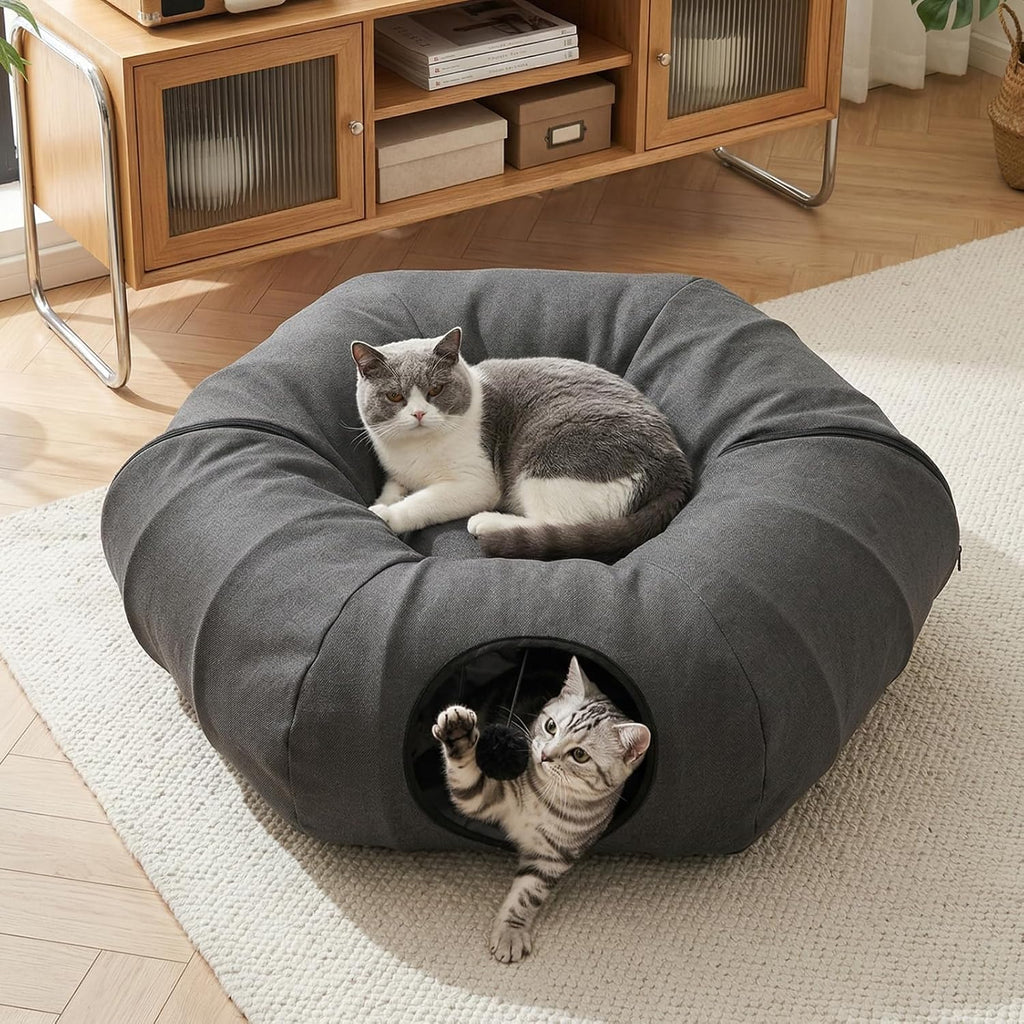 Extra Large Cat Tunnel, 47.2in Multi-Cat Family Big Cat Tunnel for Cats, Long Cat Tunnel Bed with Washable Plush Mat, XXL Pet Play Tunnel Toy for Cats, Puppy, Rabbits Grey - Image 10
