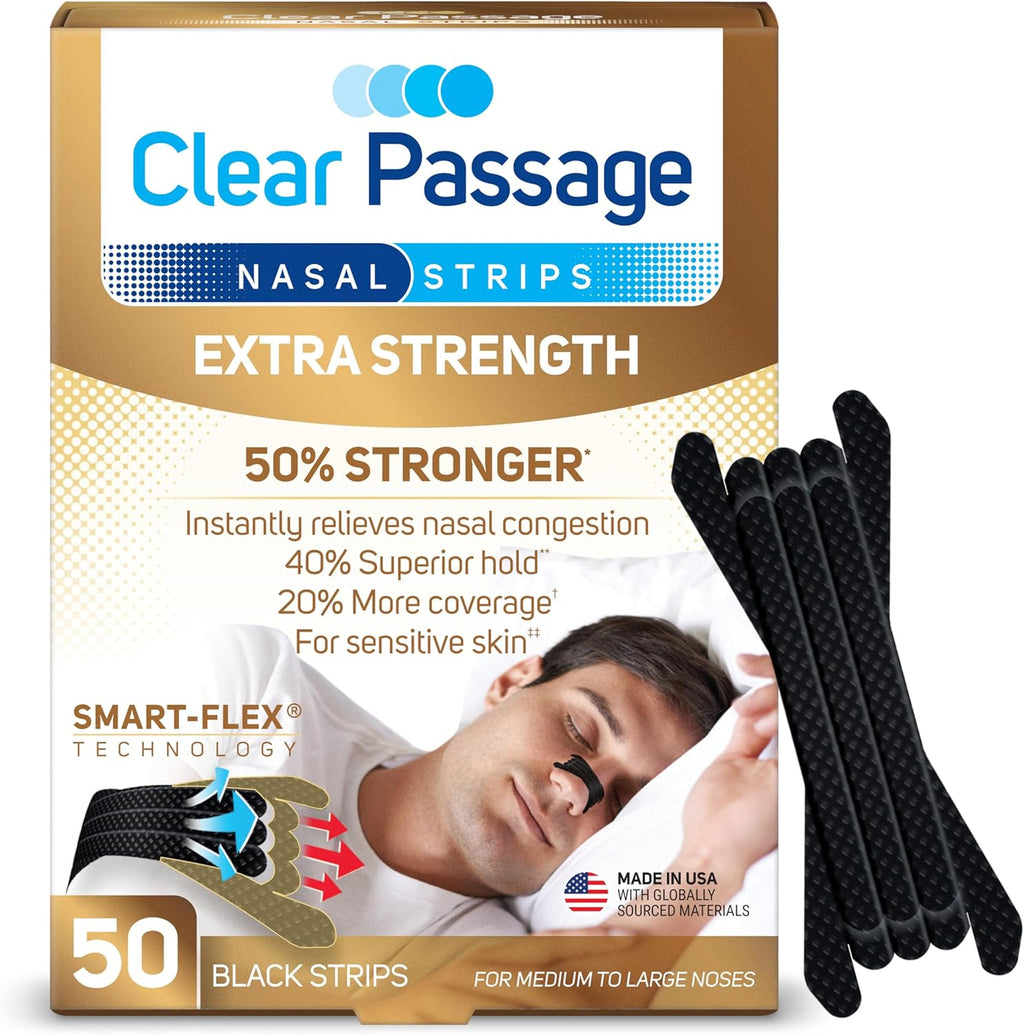 Clear Passage Extra Strength Nasal Strips 50 count front box view for snoring relief.