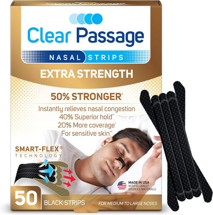 Clear Passage Extra Strength Nasal Strips 50 count front box view for snoring relief.