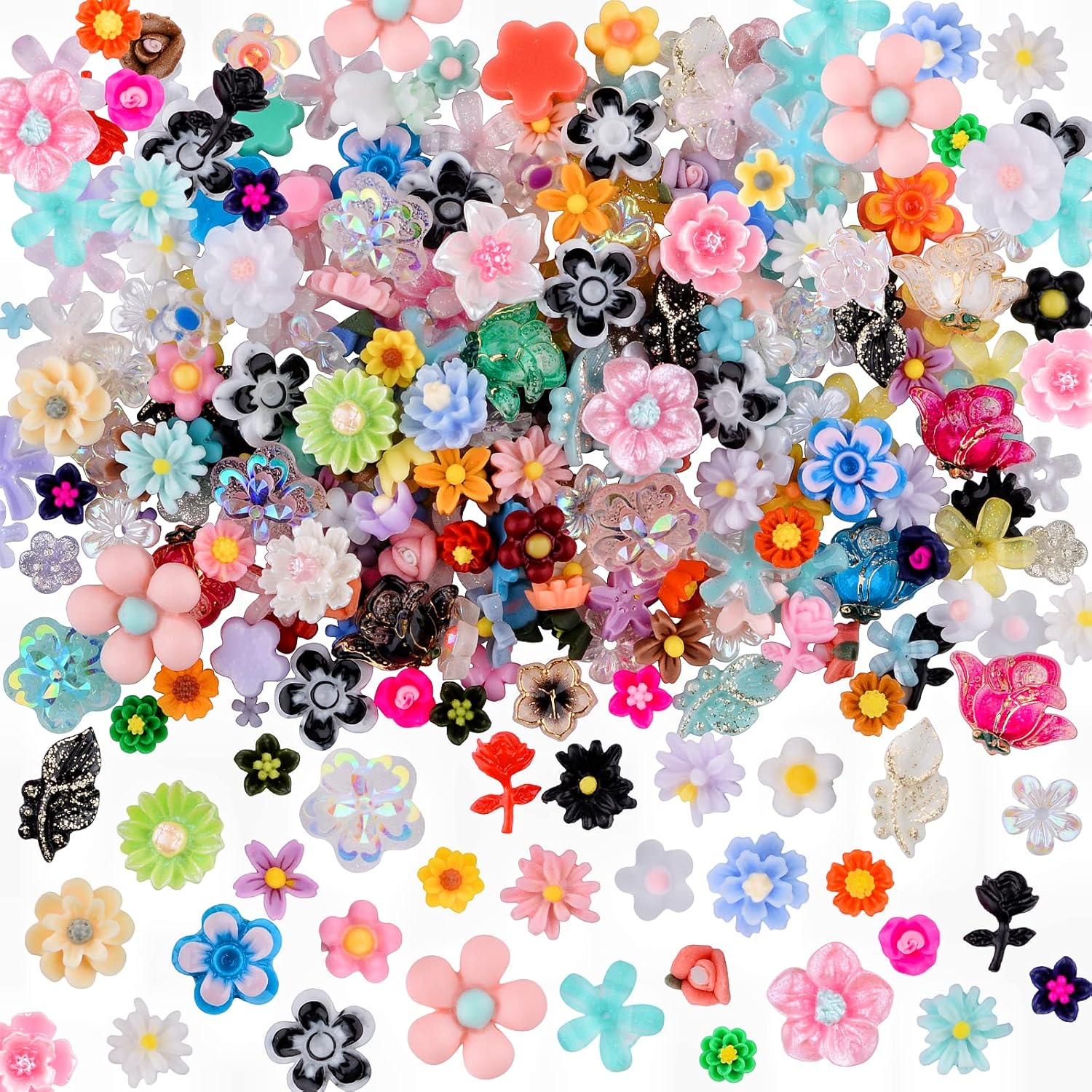 Kikonoke 100 Pieces 3D Resin Flowers Nail Art Kit front view showing colorful assortment.