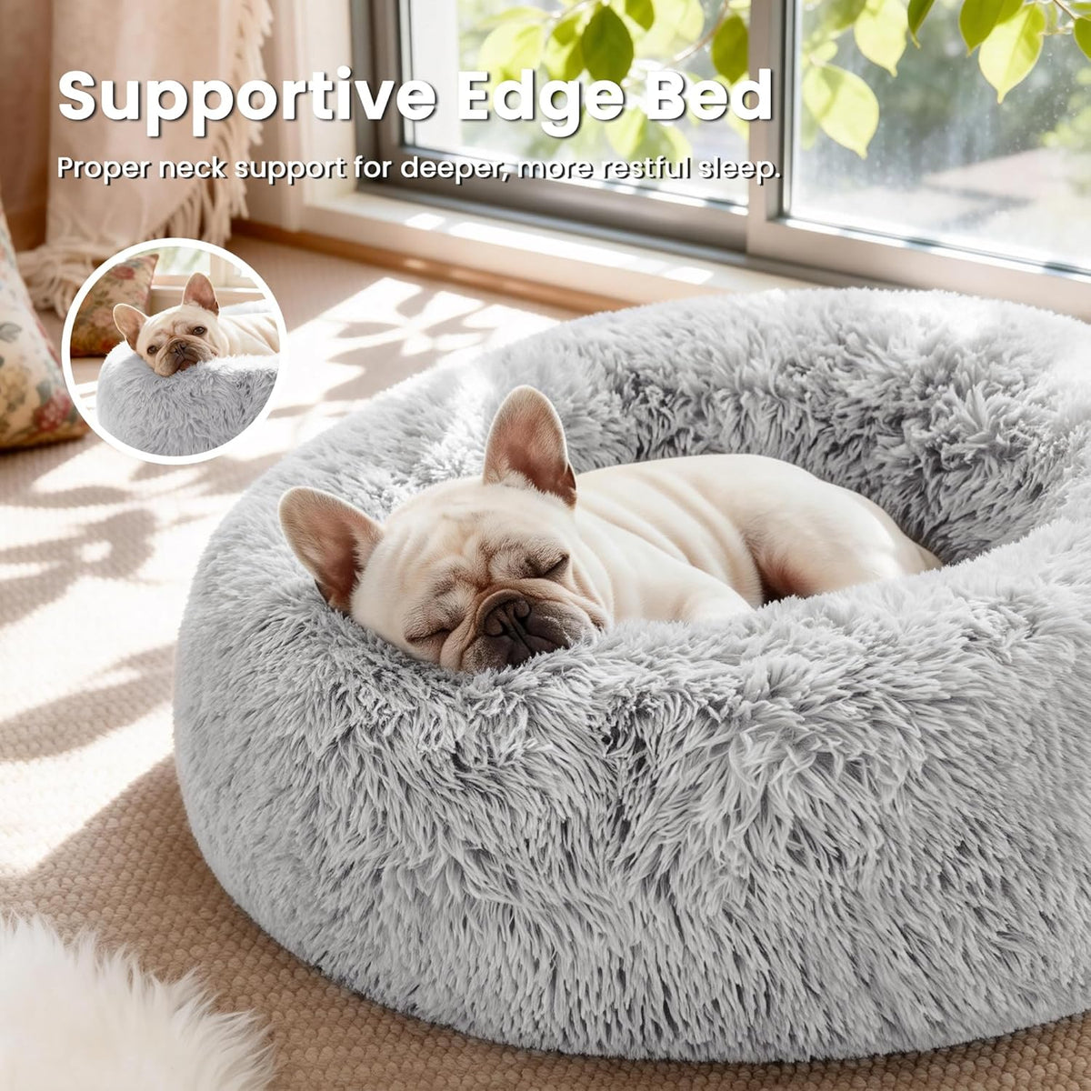 Love's Cabin grey pet bed made of soft faux fur