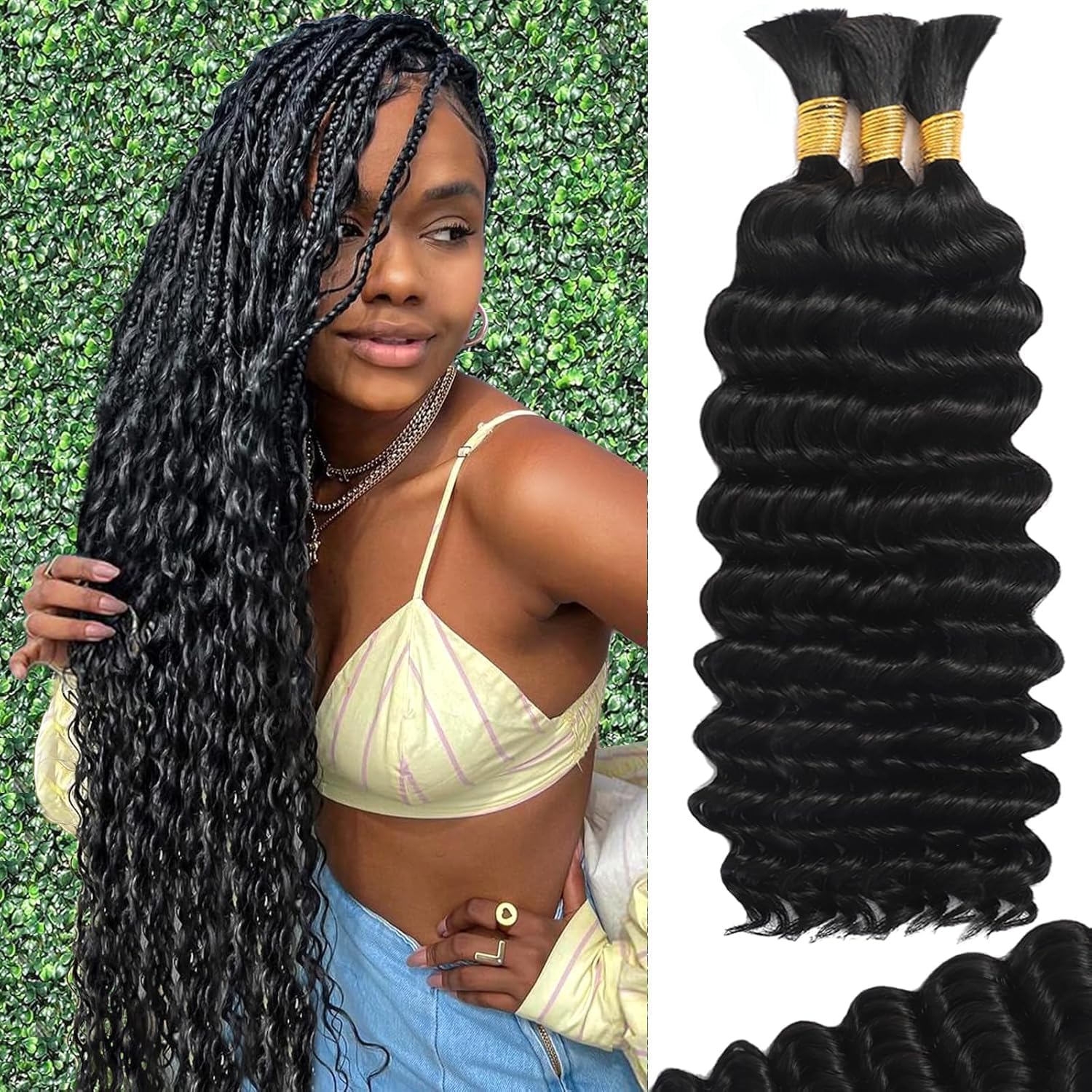 Bizvus human braiding hair for boho braids front view showcasing natural color deep wave bulk texture.