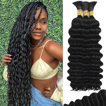 Bizvus human braiding hair for boho braids front view showcasing natural color deep wave bulk texture.