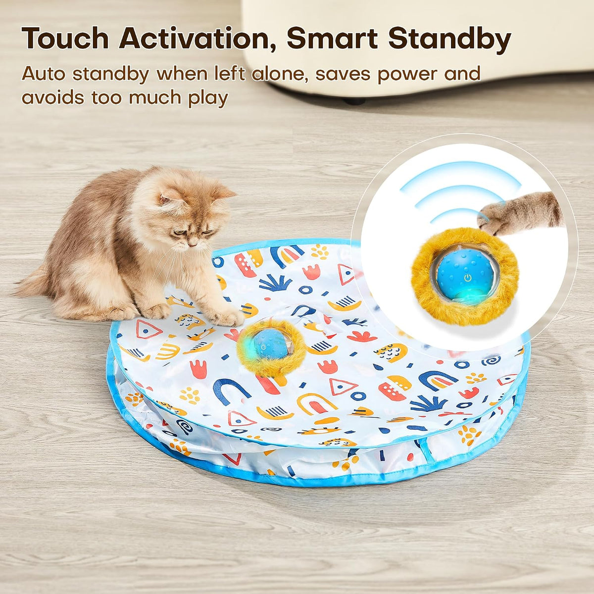 Indoor cat swatting at Potaroma hidden ball toy