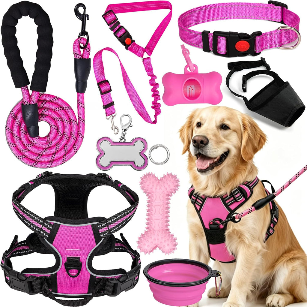 No Pull Dog Harness Adjustable Collar & Leash Set - Dog Halter Harnesses Collapsible Bowls & Poop Bag Dispenser Muzzle ID Tags Toys Fits Small Medium Large Dogs (Pink-M) - Image 13