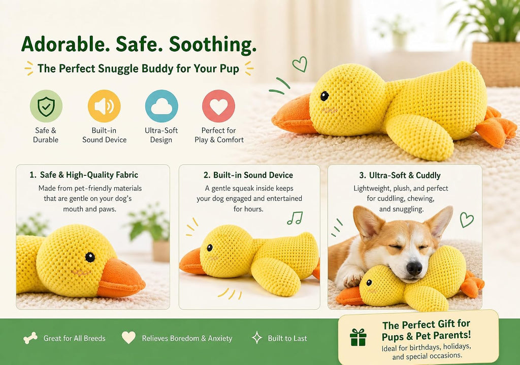 Soft plush duck toy for dogs with orange beak details