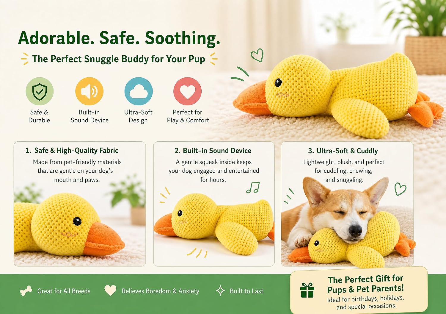 Soft plush duck toy for dogs with orange beak details
