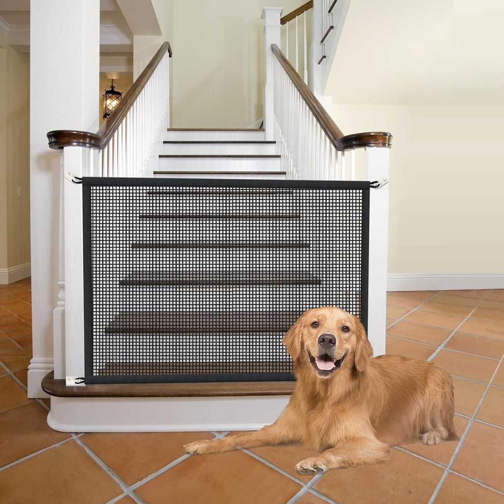 Cupount dog screen mesh gate front view installed at the bottom of a staircase.