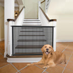 Cupount dog screen mesh gate front view installed at the bottom of a staircase.