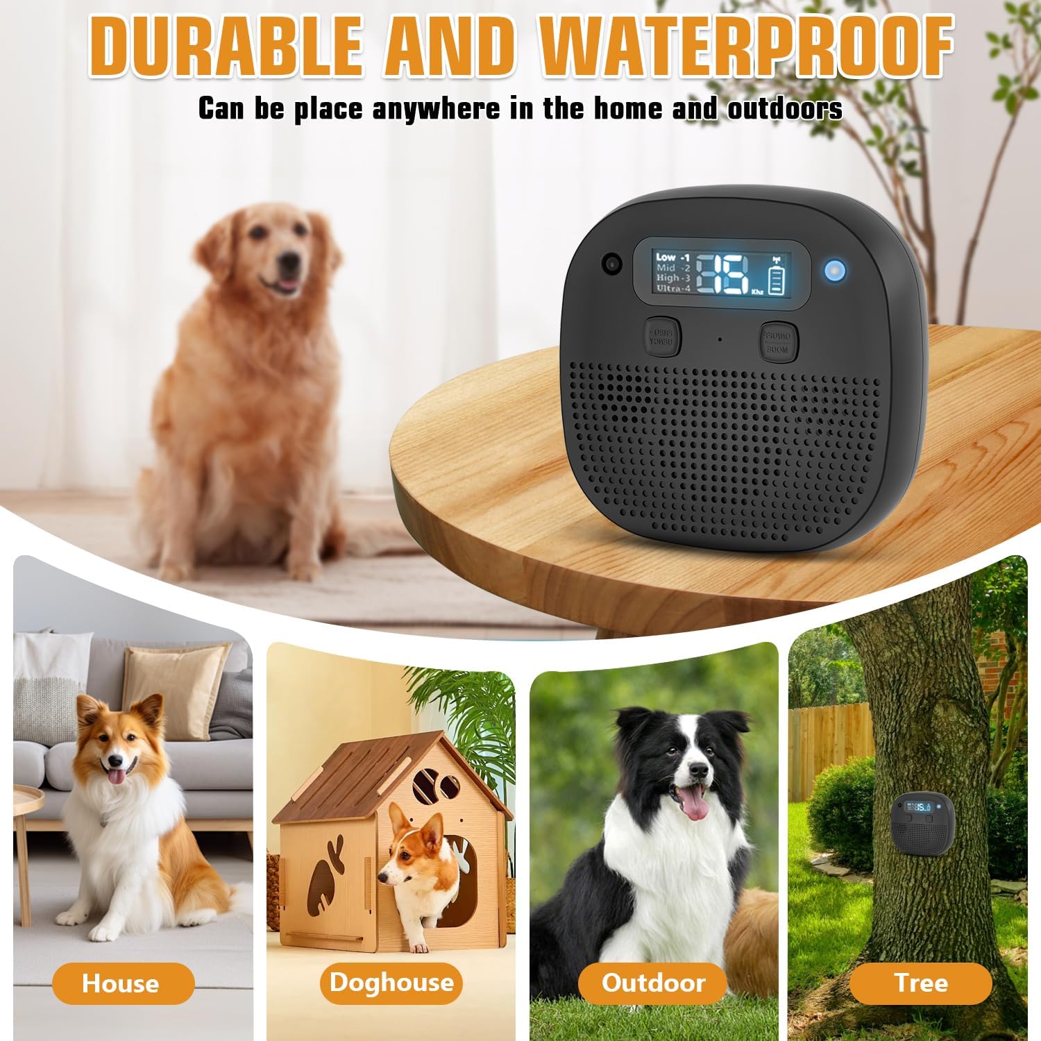 Side profile of Tetra dog bark silencer showing settings display