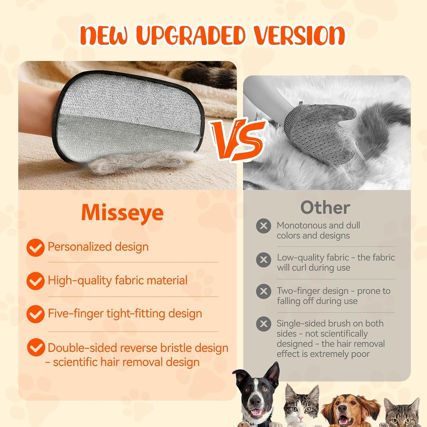 Misseye pet hair remover glove cleaning dog fur from fabric couch sofa