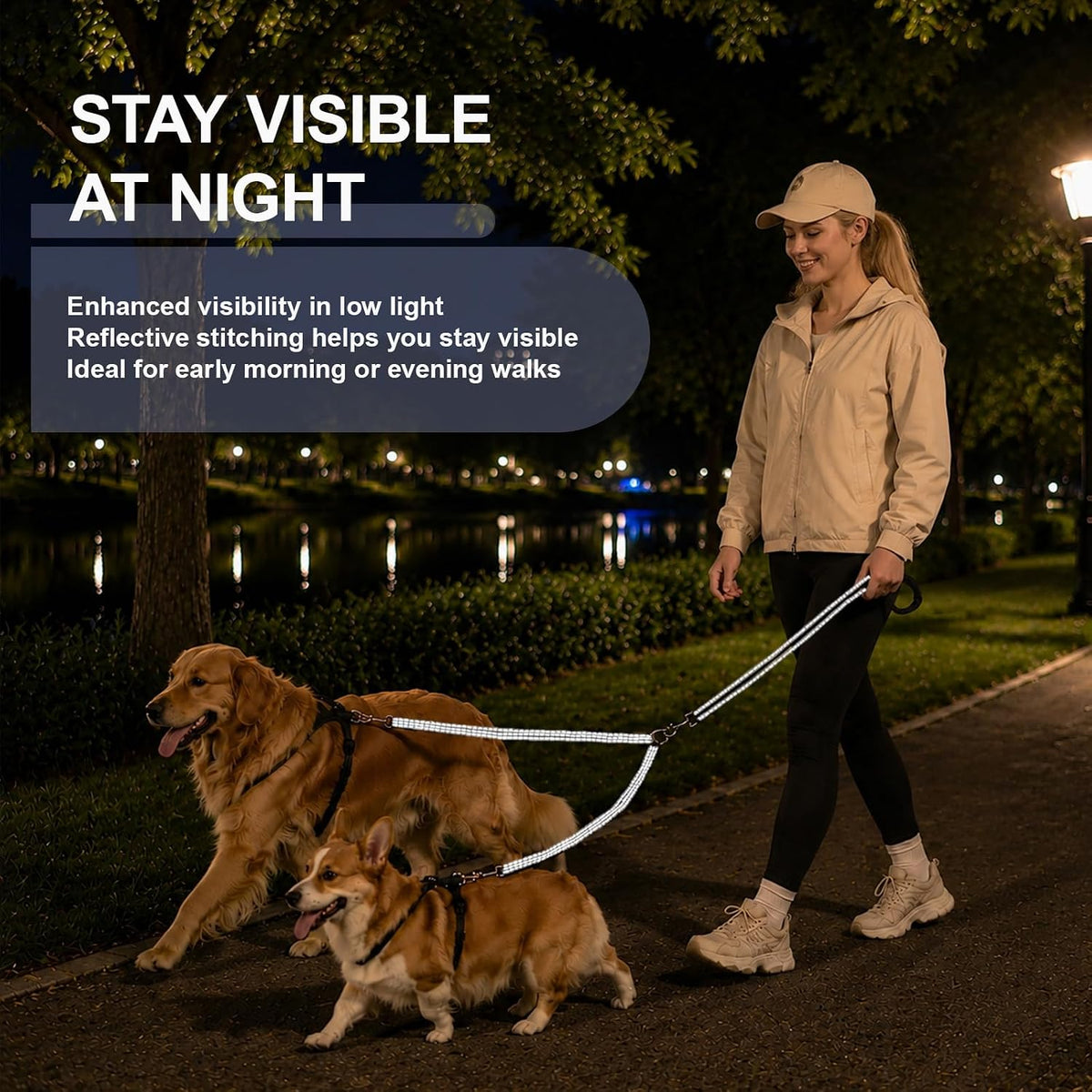 PUEENOD double pet lead demonstrating one-handed control for walking small medium and large dogs together.