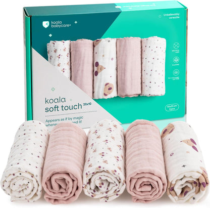 Koala Babycare Organic Cotton Muslin Burp Cloths 5 Pack front view showing neutral patterns.