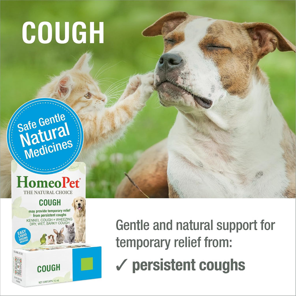 HomeoPet Cough liquid dropper bottle showing product labeling
