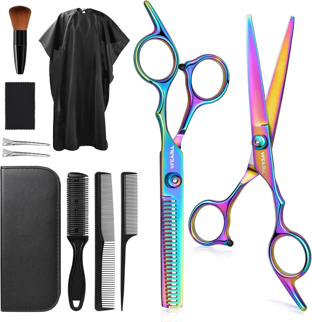 Vfaejll professional hair cutting scissors kit front view displaying colorful rainbow shears and leather case