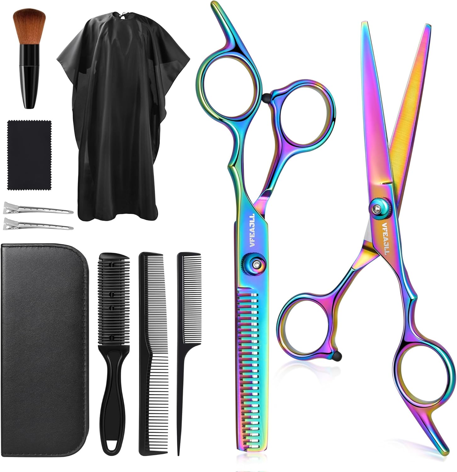 Vfaejll professional hair cutting scissors kit front view displaying colorful rainbow shears and leather case