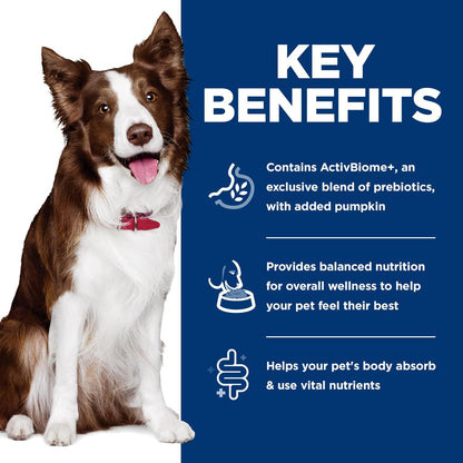 Can of Hill's Science Diet dog food featuring ActivBiome+ technology for gut microbiome support.