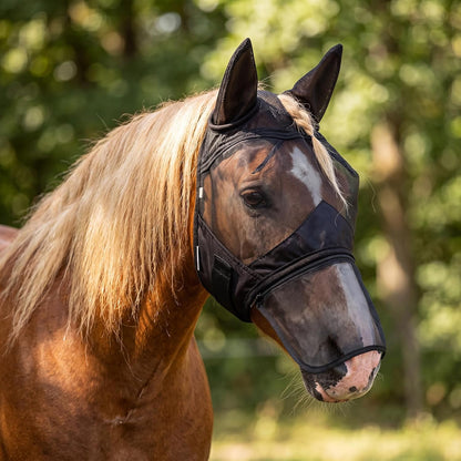 Detailed view of horse fly mask mesh fabric and stitching quality