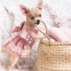 Soft polyester female dog walking harness dress in navy blue and claret red.