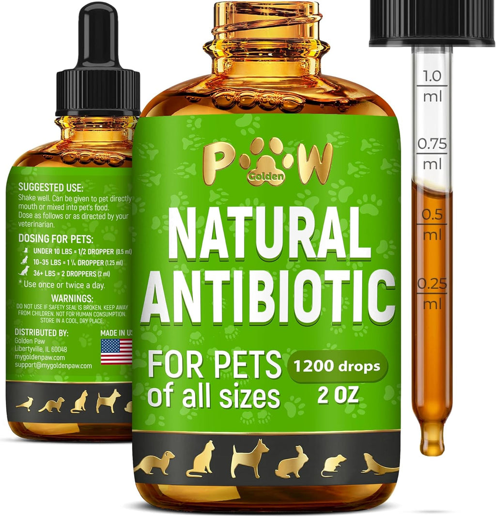 Golden Paw Natural Antibiotic Liquid Supplement front view bottle for pet immune care