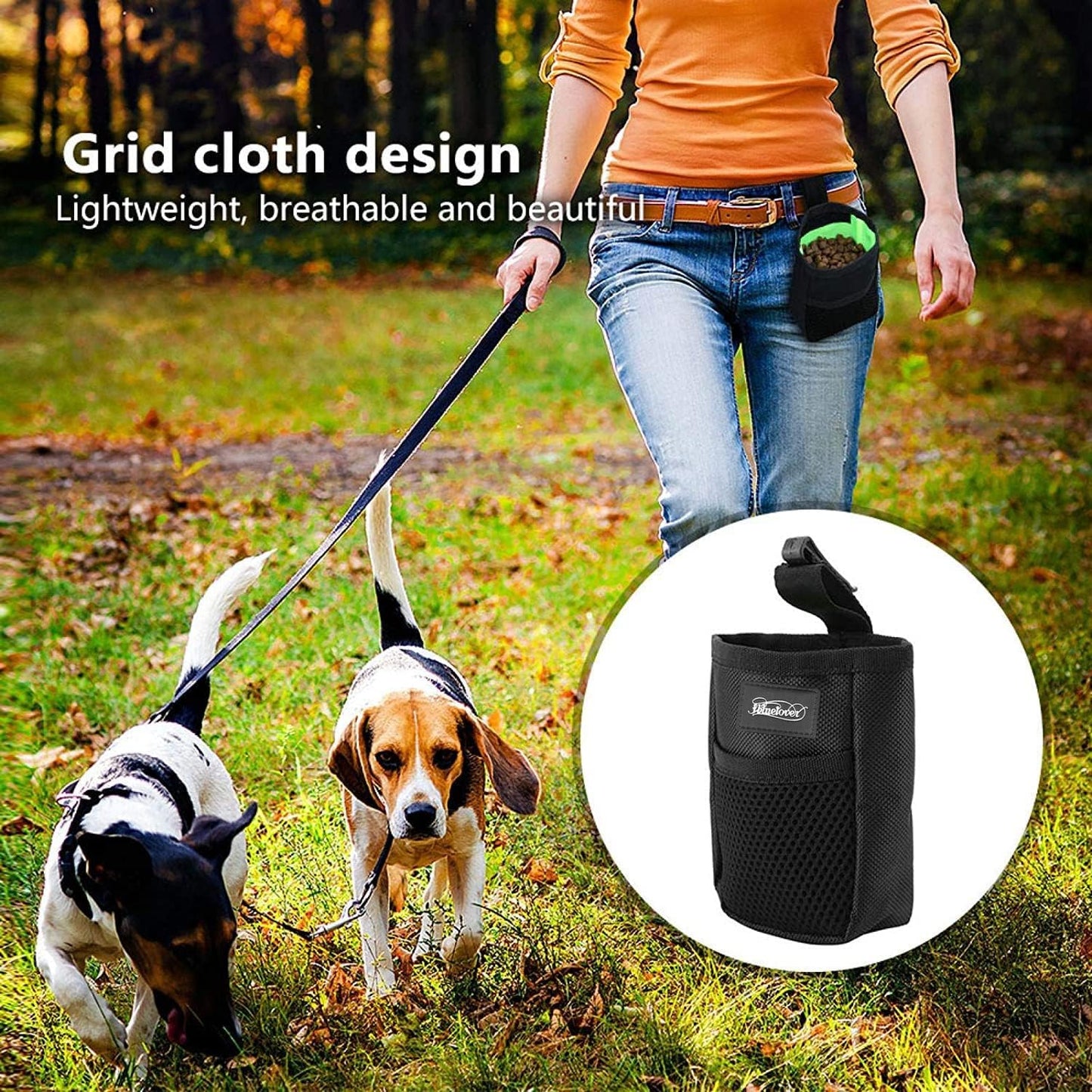 Hands-free pet training waist bag holding treats and keys during an outdoor walk