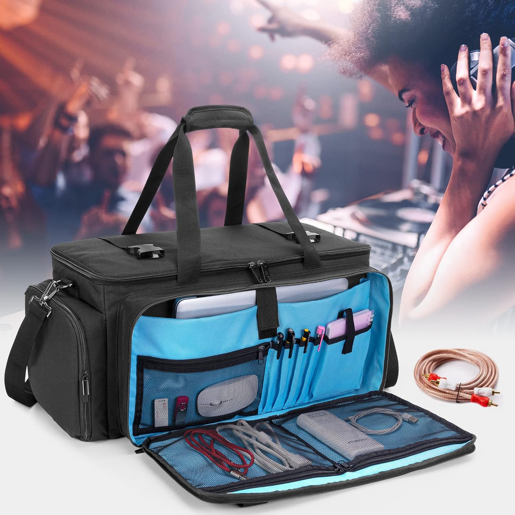 HODRANT travel DJ storage organizer utilized with the rear trolley strap mounted on a luggage handle for transit.