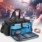 HODRANT travel DJ storage organizer utilized with the rear trolley strap mounted on a luggage handle for transit.