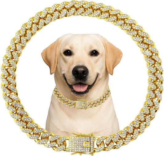 Khendyogn designer gold crystal dog chain collar front view showcasing luxury cubic zirconia stones