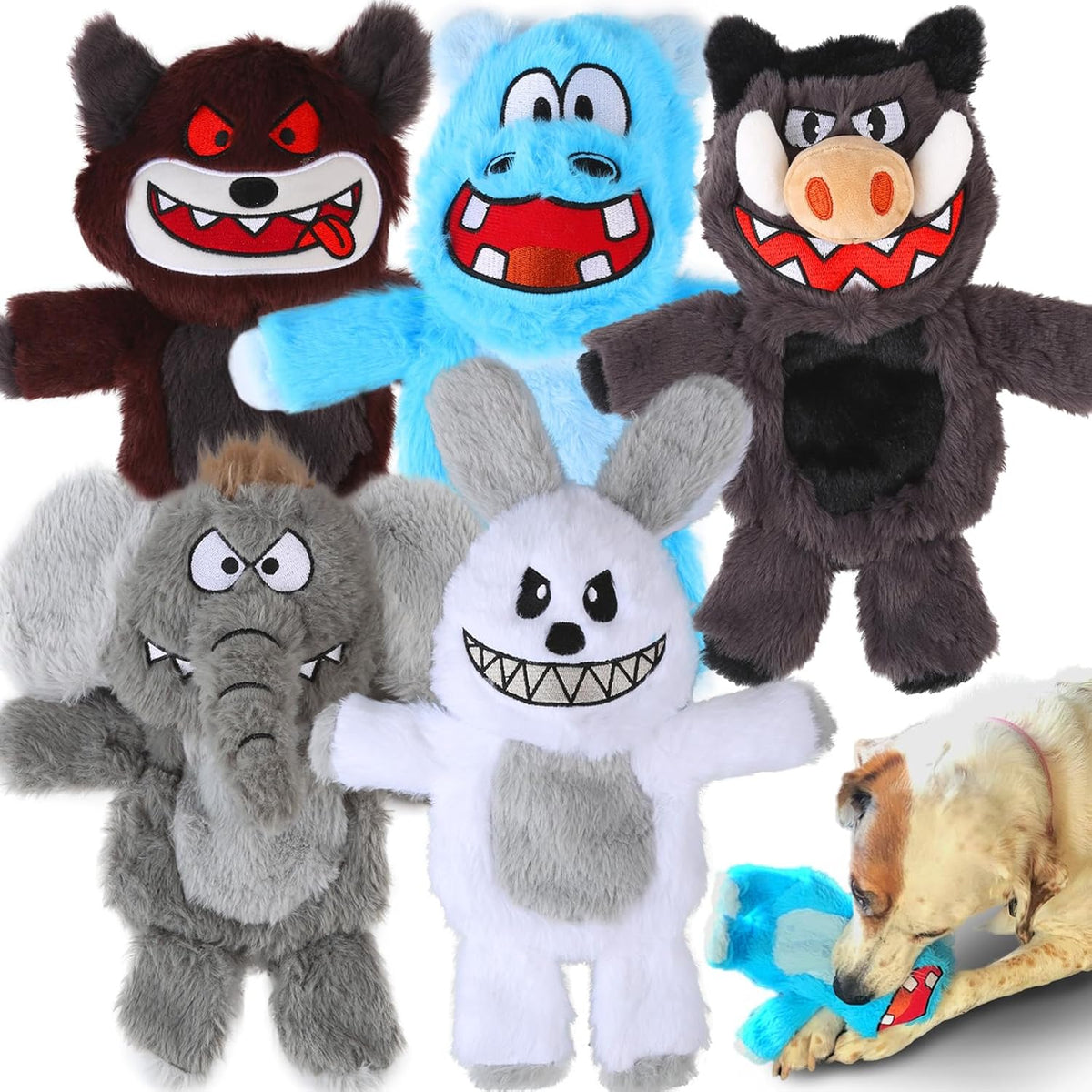 Bzonsmart dog squeaky toys five pack front view display.
