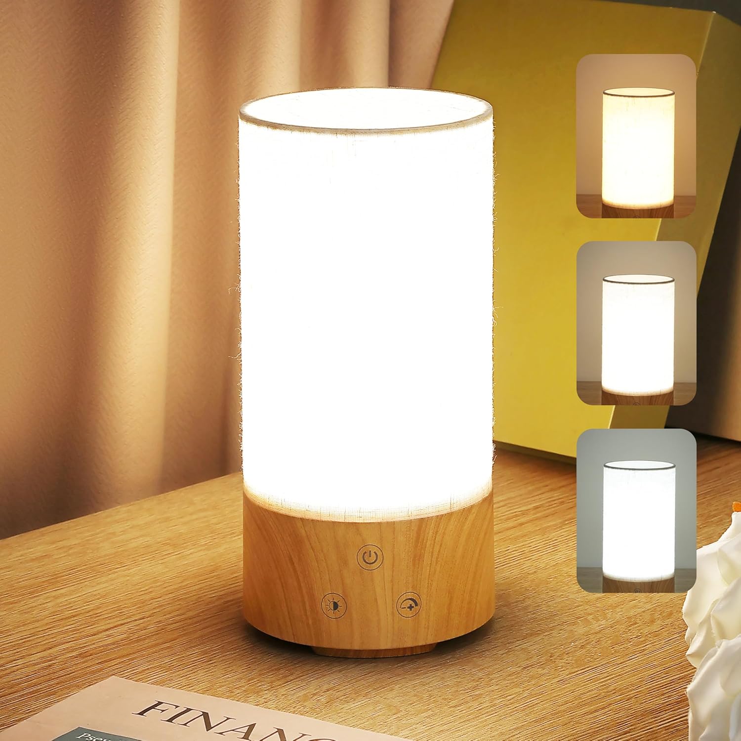 Caromolly Light Therapy Lamp front view with linen shade and wood base on a desk.