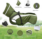 Mosucoirl monsoon pet coat viewed from above highlighting complete back coverage.