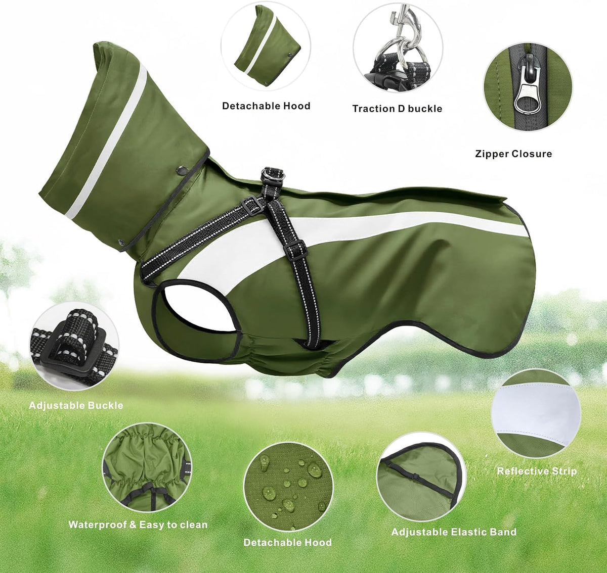 Mosucoirl monsoon pet coat viewed from above highlighting complete back coverage.