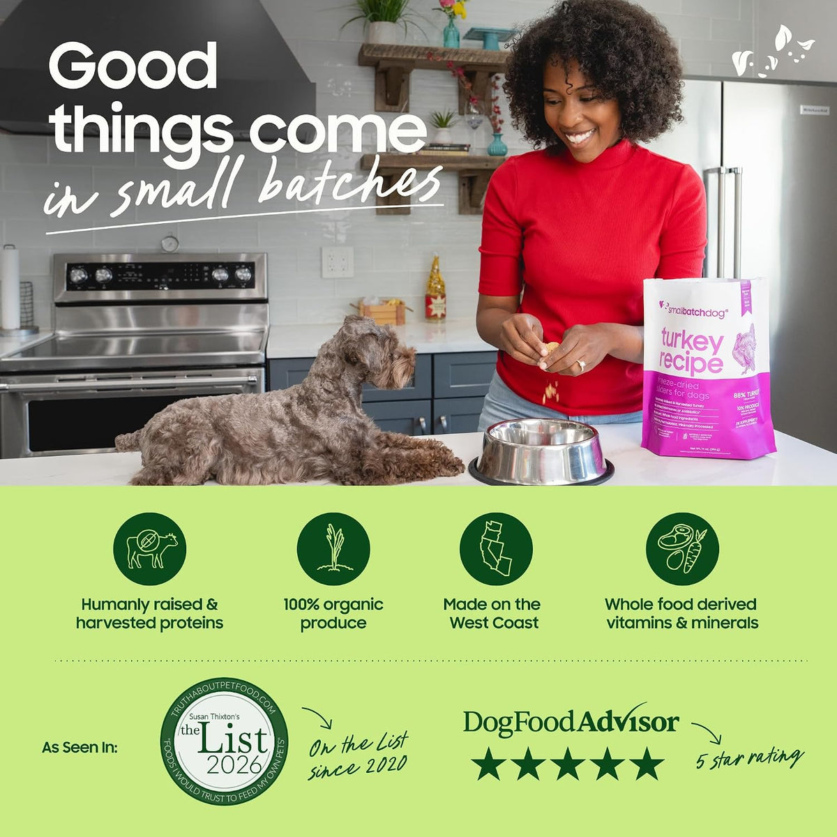 Dog eating Smallbatch freeze-dried beef meal