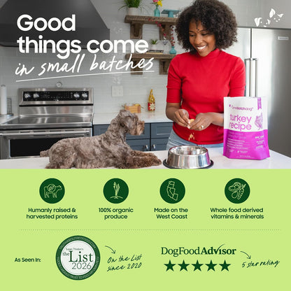 Smallbatch dog food package side view with ingredients