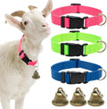 Aluzaemo 3 pack goat collars with bells front view showing adjustable nylon straps in blue pink and green.
