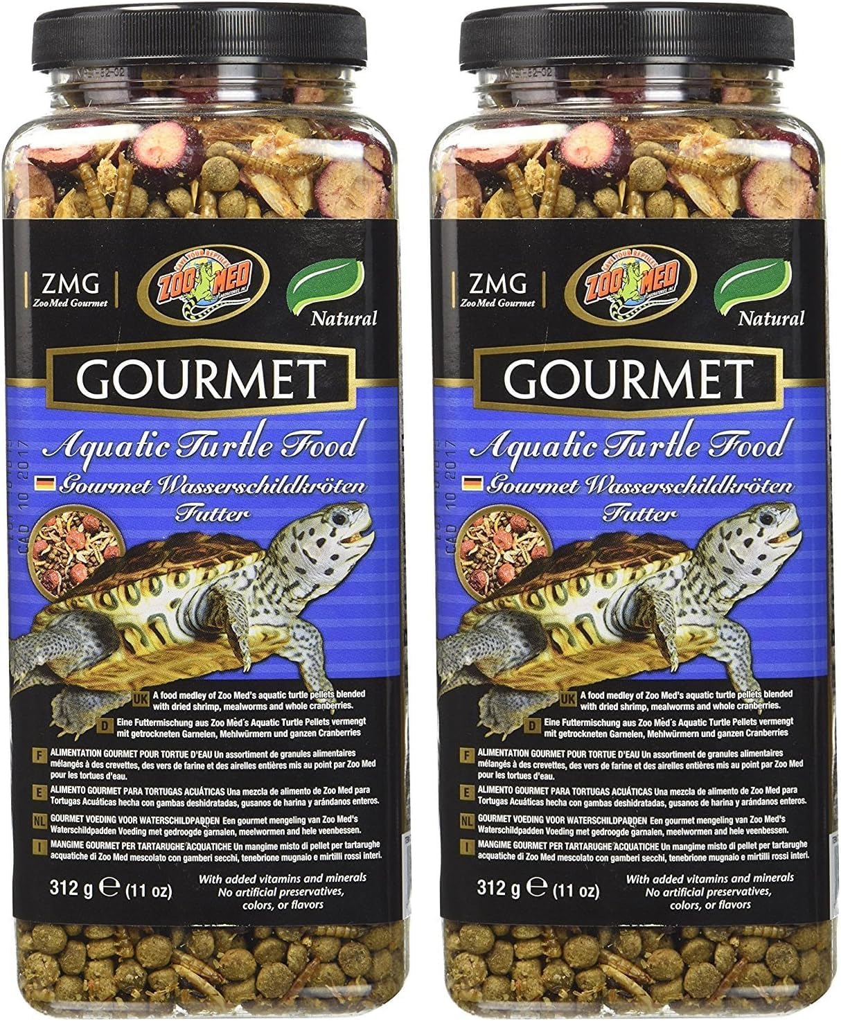Back label of Zoo Med Gourmet Aquatic Turtle Food highlighting natural ingredients and vitamins.