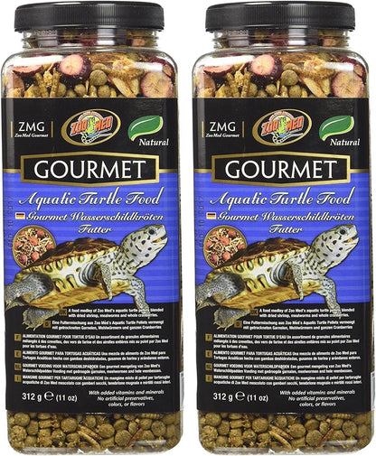 Back label of Zoo Med Gourmet Aquatic Turtle Food highlighting natural ingredients and vitamins.