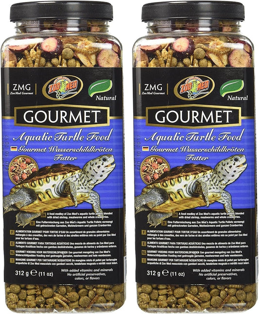 Back label of Zoo Med Gourmet Aquatic Turtle Food highlighting natural ingredients and vitamins.