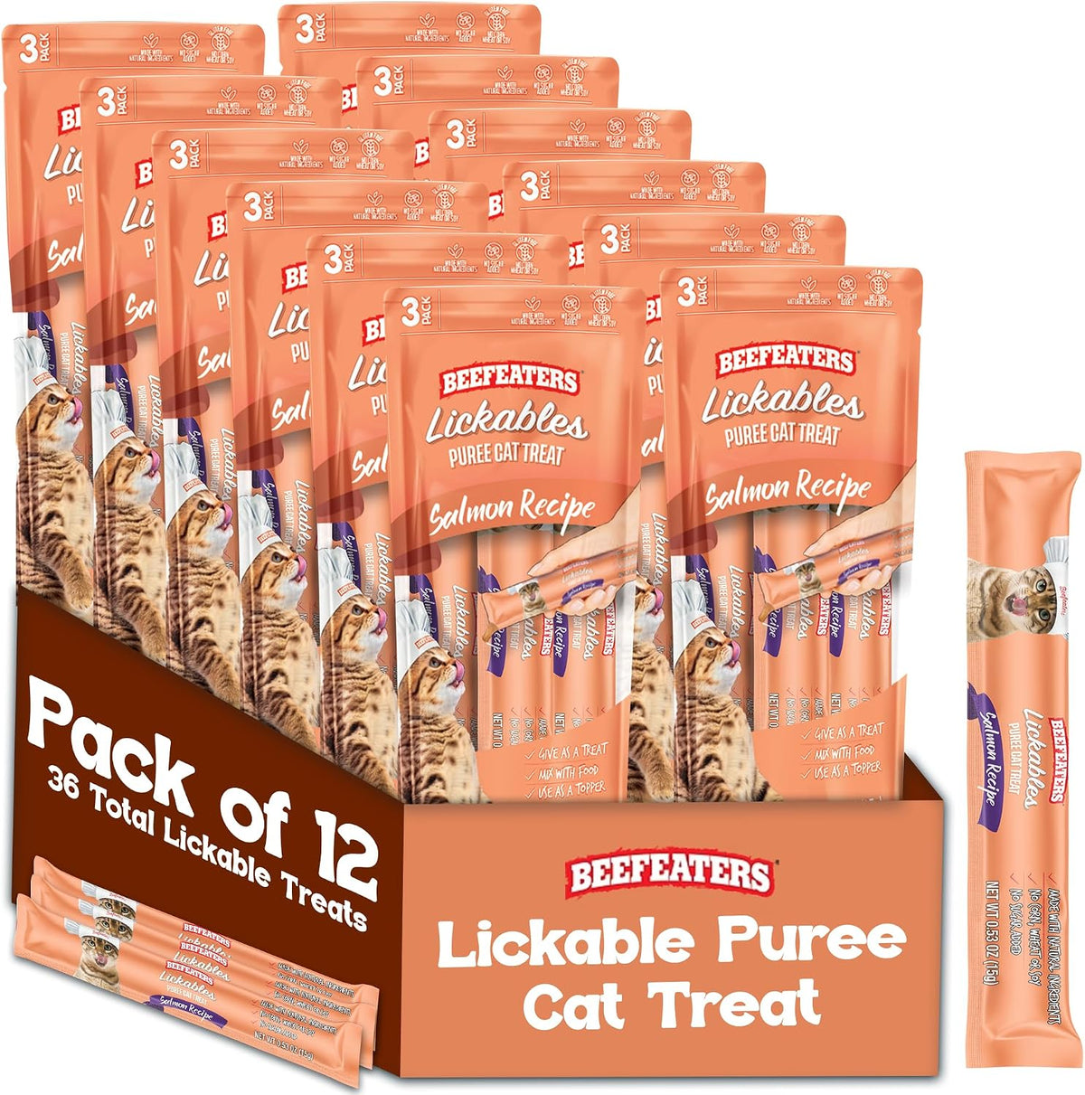 Beefeaters Lickable Cat Treats 48 Count - Puree Squeeze Up Tubes Variety Pack (Salmon, Tuna & Chicken) | Grain Free, Taurine Enriched, High Moisture for Picky Eaters | Cat Treat Topper or Snack - Image 14