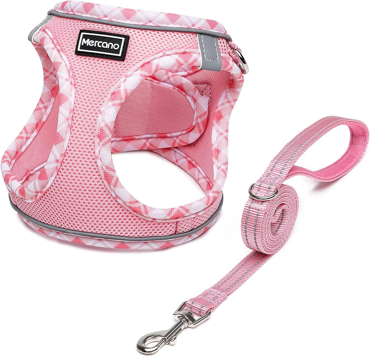 Mercano soft mesh dog harness and leash set pink color front view step in pet vest