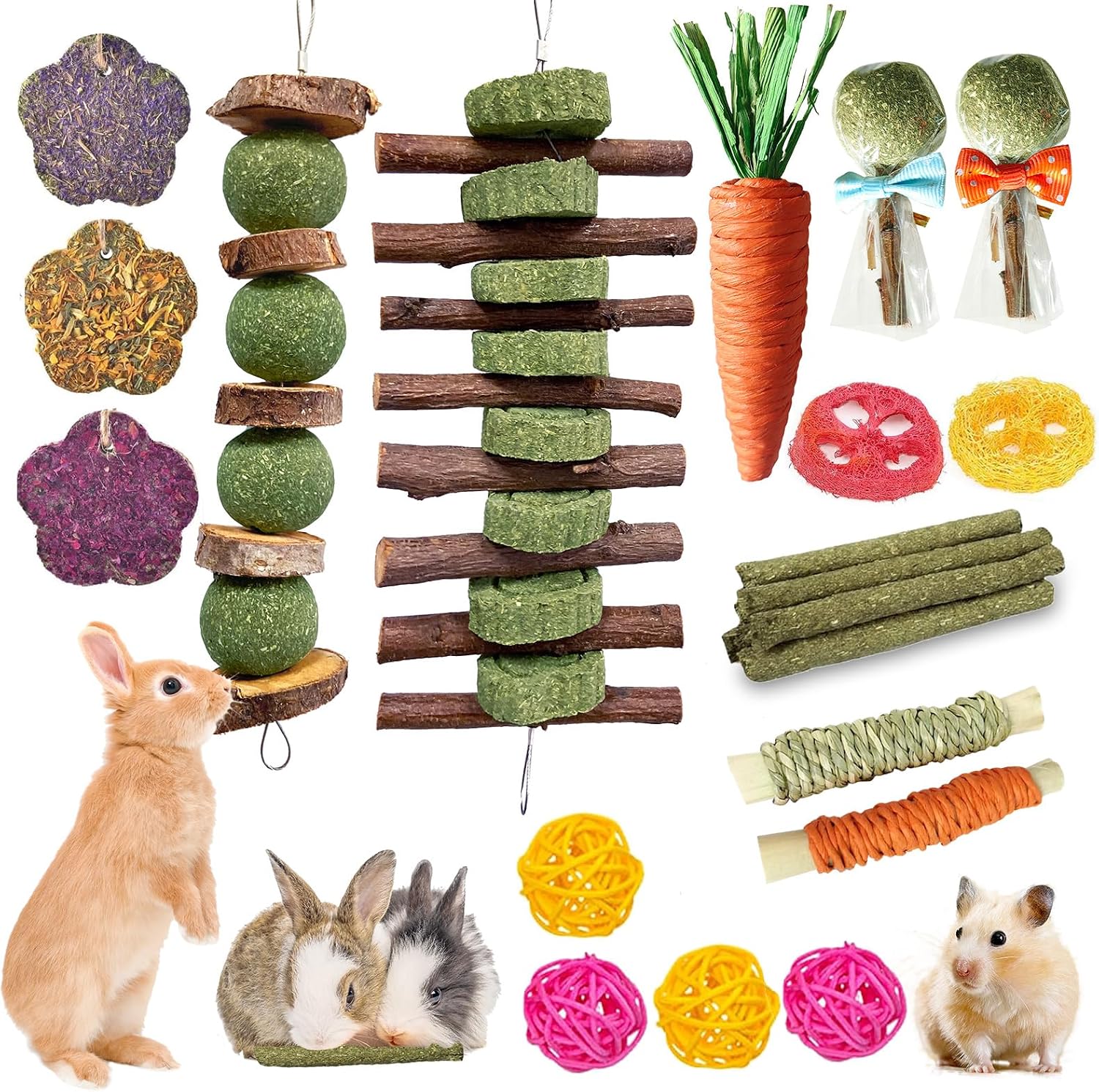 Jorewood 21 Pieces Rabbit Chew Toys front view showing the complete natural variety pack arrangement for small pets.
