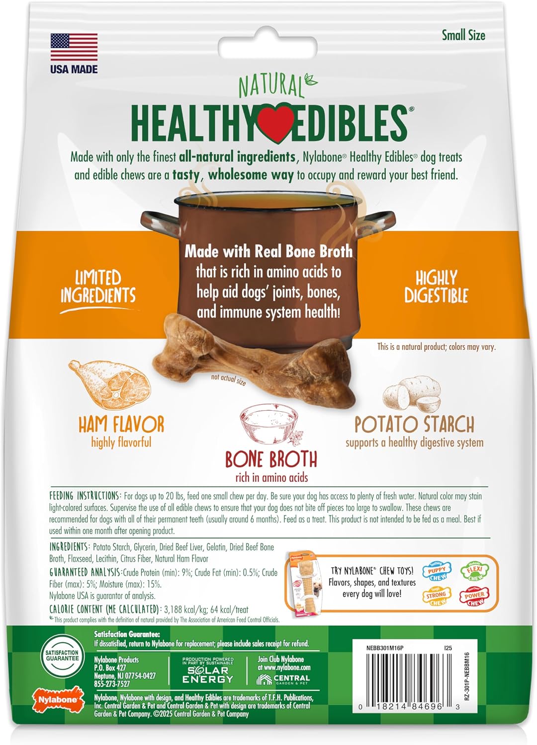 Nylabone Healthy Edibles Broth Bone Natural Dog Chews Long Lasting Treats Ham Flavor Small/Regular - Up to 25 Ibs. (16 Count) - Image 9