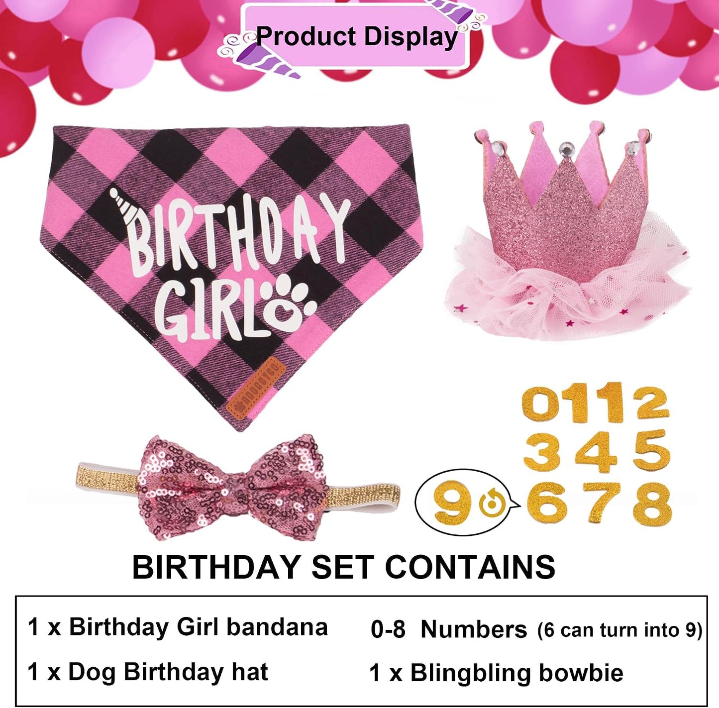 Adoggygo pink fabric birthday crown hat with customizable age numbers.