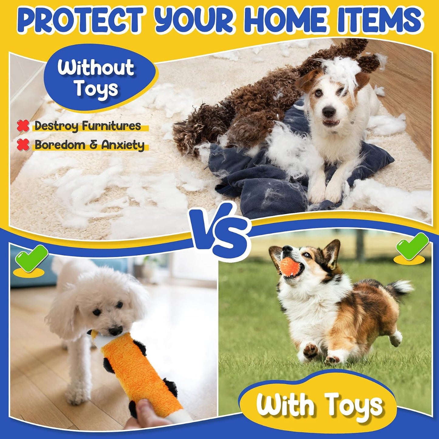 Assorted interactive dog toys spread on floor