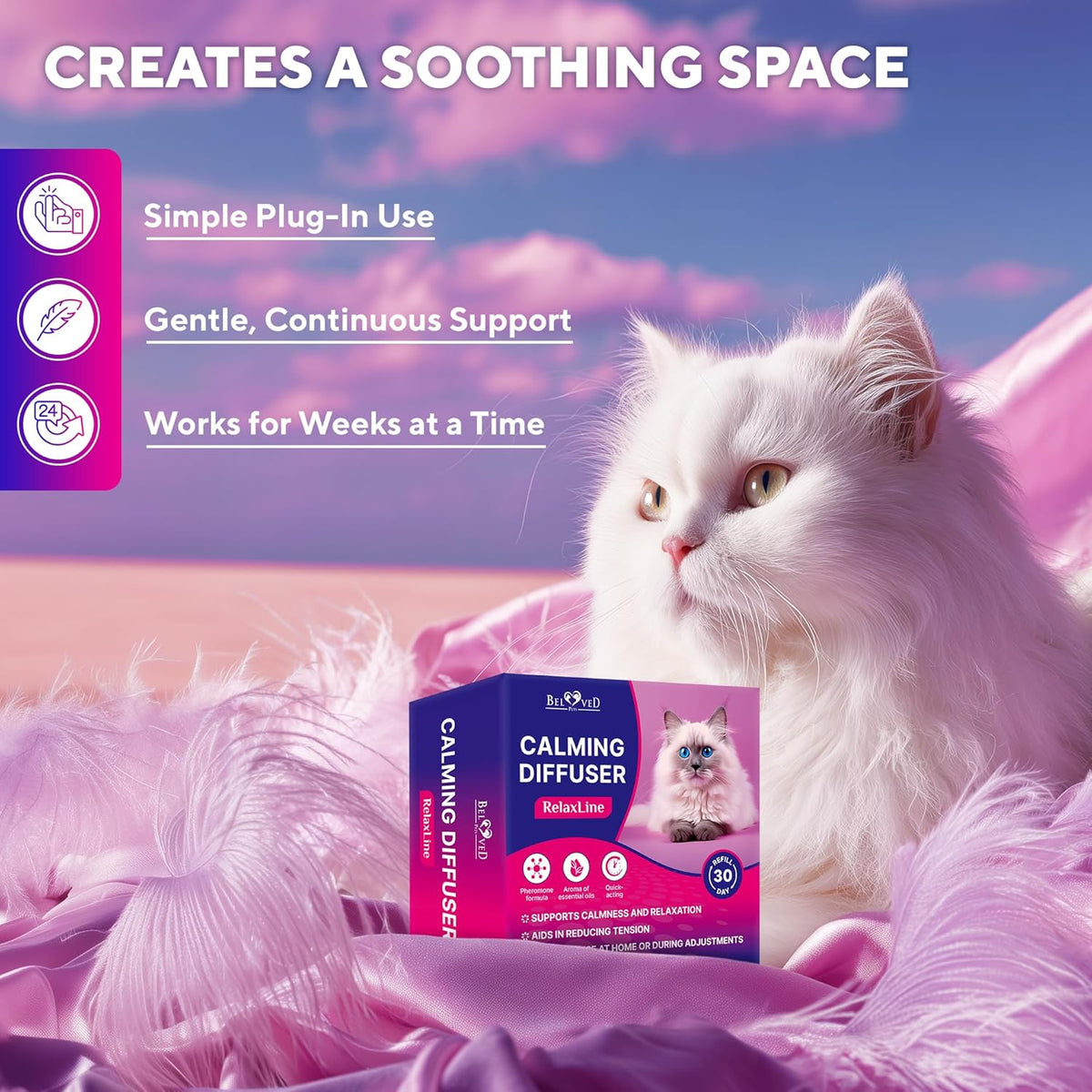 Beloved Pets behavior correction diffuser packaging highlighting the drug free stress relief formula.