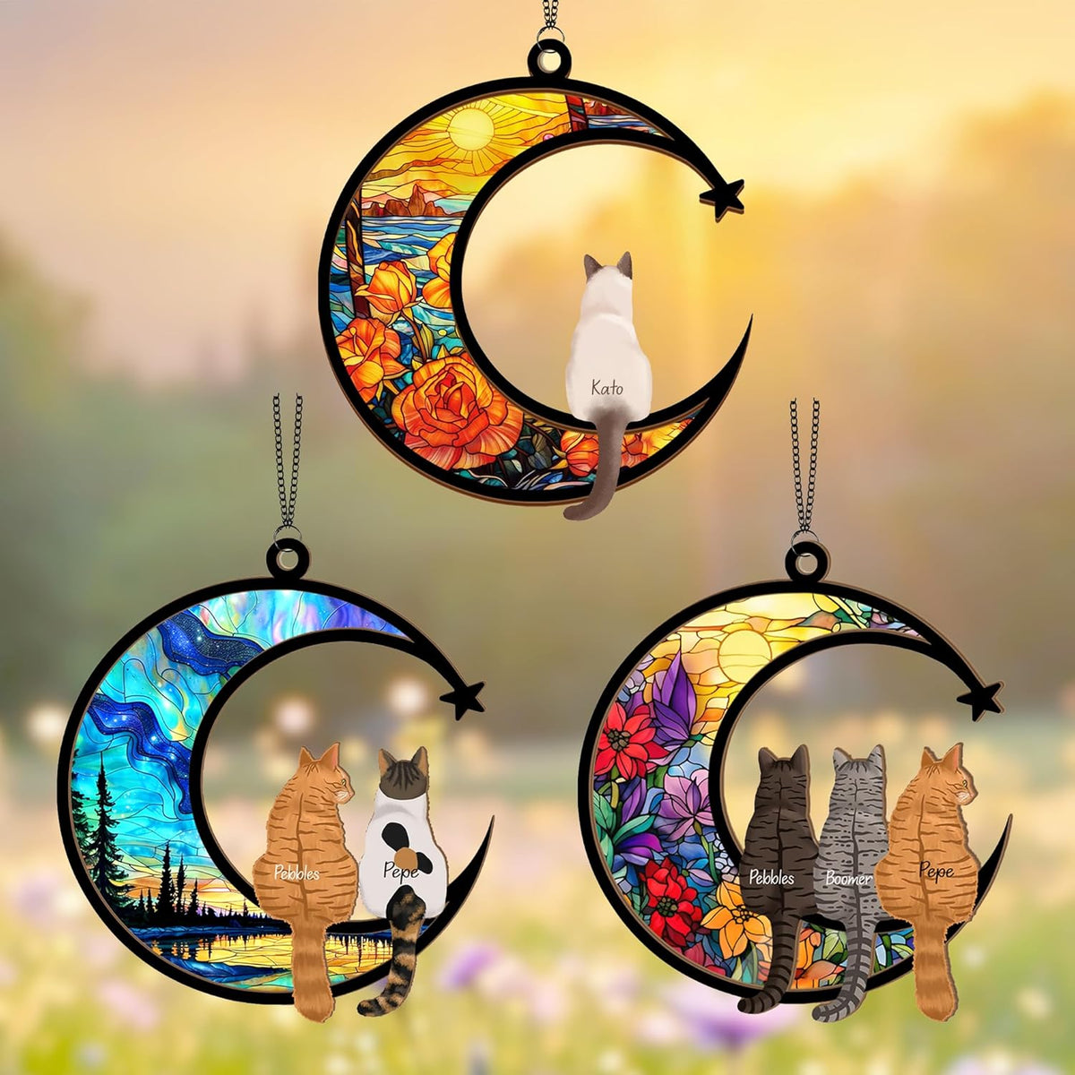 Thunala personalized cat memorial suncatcher front view featuring custom name and bookshelf design