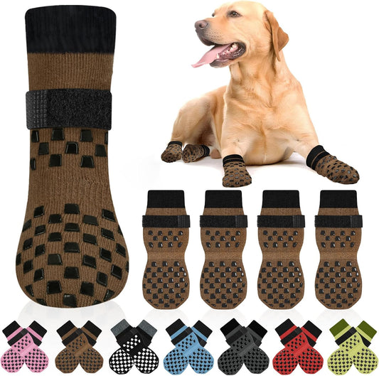 Aiedouler brown non slip dog socks with adjustable strap front view