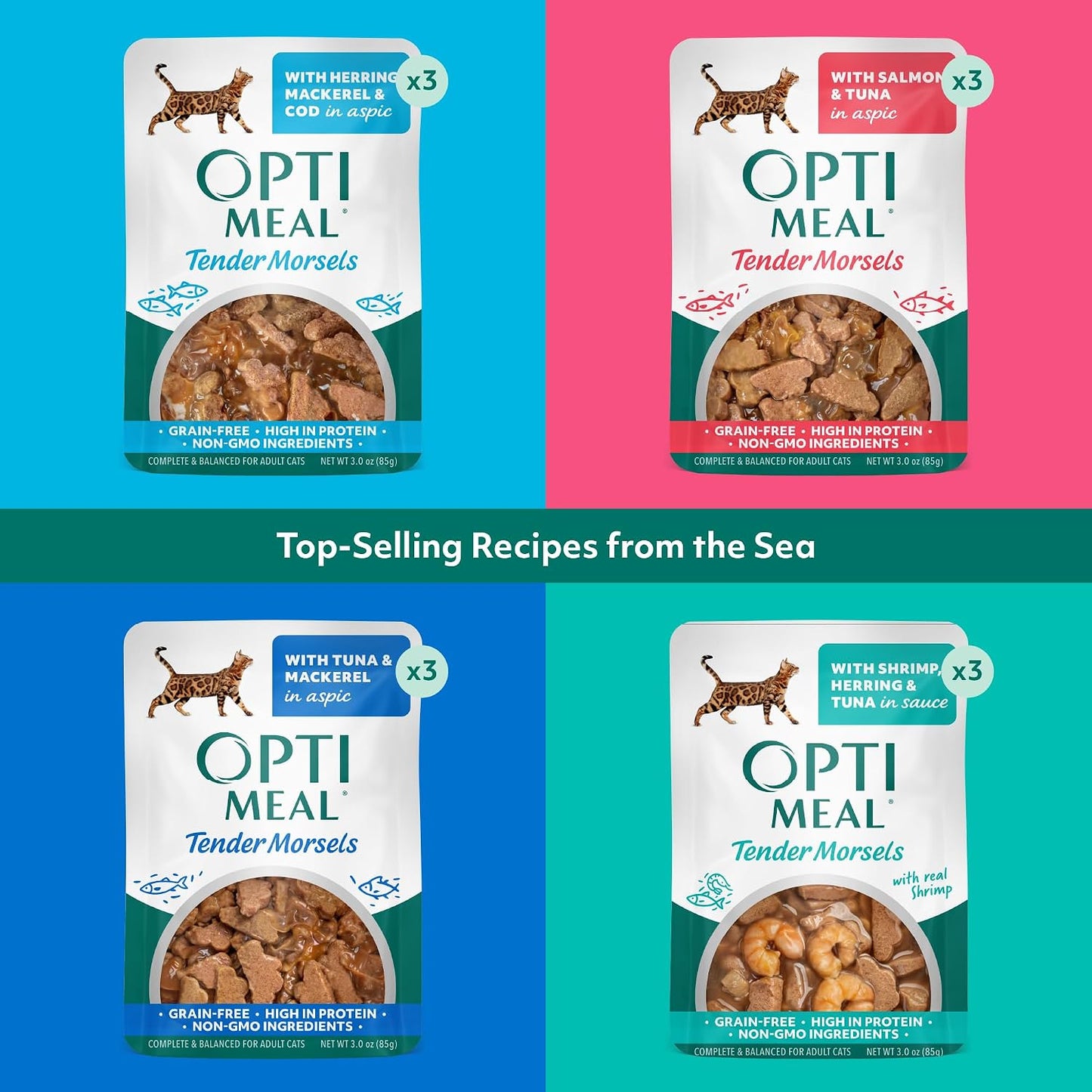 Optimeal grain free tender morsels cat food box detailing flavors