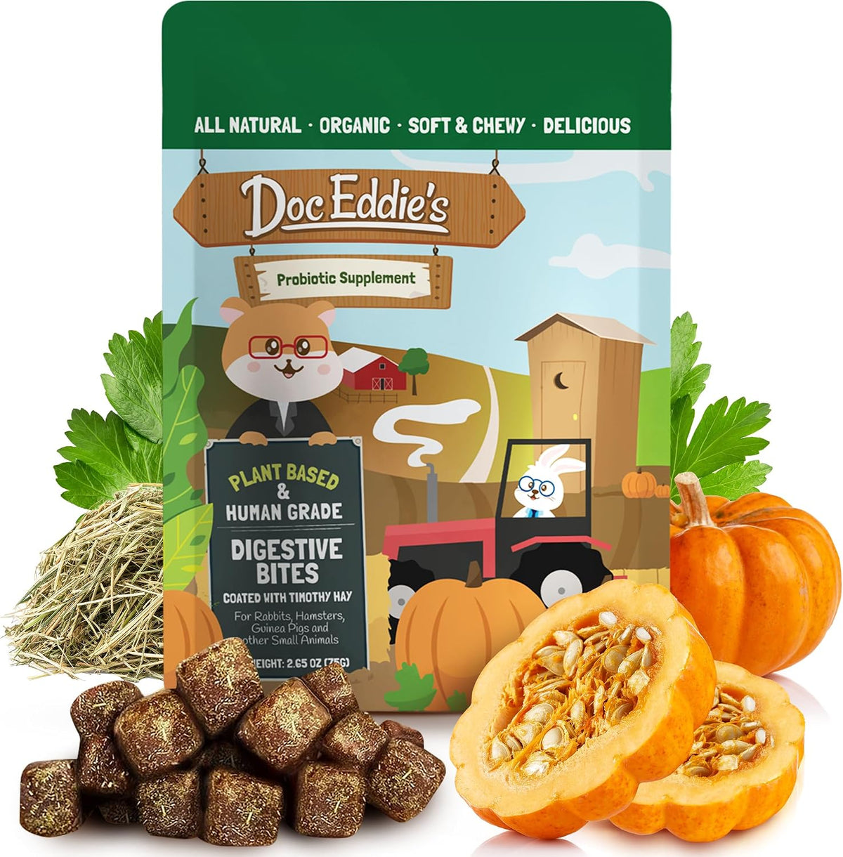 Doc Eddie's Digestive Bites front view package showing probiotic small animal treats.